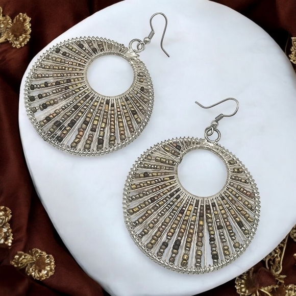 Handcrafted Artisan Indian Beaded Hoop Earrings Boho Chic Statement Jewelry - Picture 6 of 9